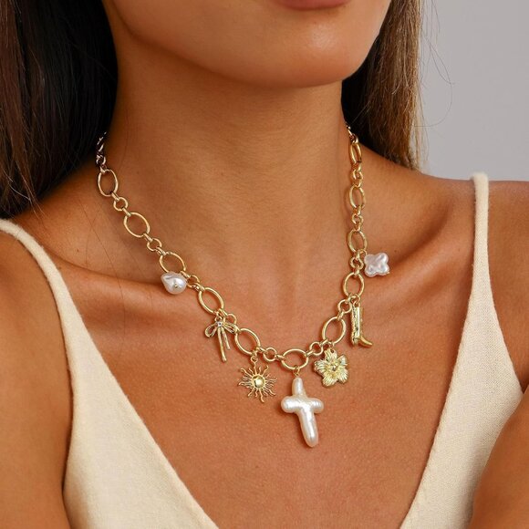 Chunky Charm Cross Pearl Necklace For Women Seashell Shell Starfish Beach Bow 14 - Picture 3 of 6